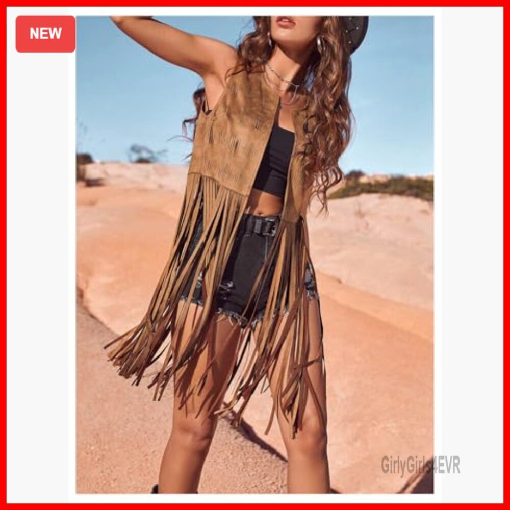 Faux Suede Fringe Vest Sleeveless Western Chic Crop Tassel Jacket - Picture 6 of 7